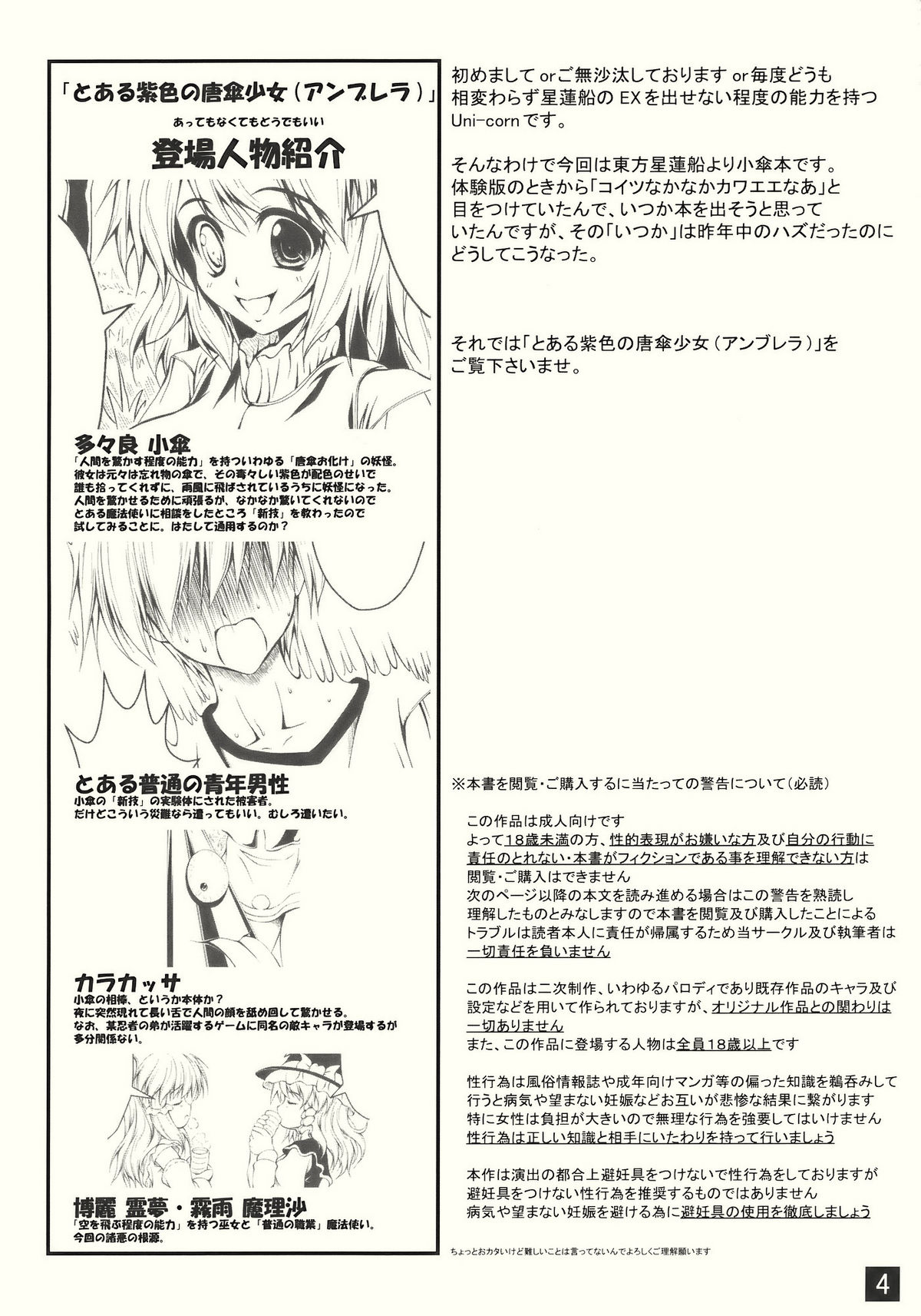 (COMIC1☆4) [Yappari Ao ga Suki (Uni-corn)] Toaru Murasakiiro no Umbrella (Touhou Project) page 4 full