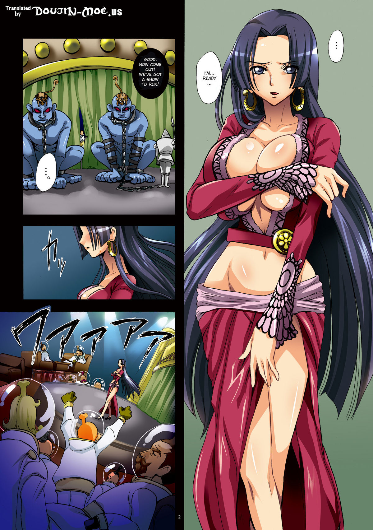 (COMIC1☆4) [Abalone Soft (Modaetei Imojirou)] Dorei Jotei Jakan Manaita Strip SHOW! | Slave Empress Snake Rape Strip Show (One Piece) [English] [desudesu] page 2 full