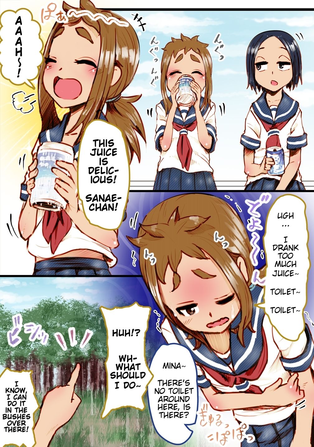 [Kou-chan Kaichou] SanaMina Semen Gero Oshikko Kanchou | SanaMina Semen Vomit Pee Enema (Karakai Jouzu no Takagi-san) [English] page 2 full