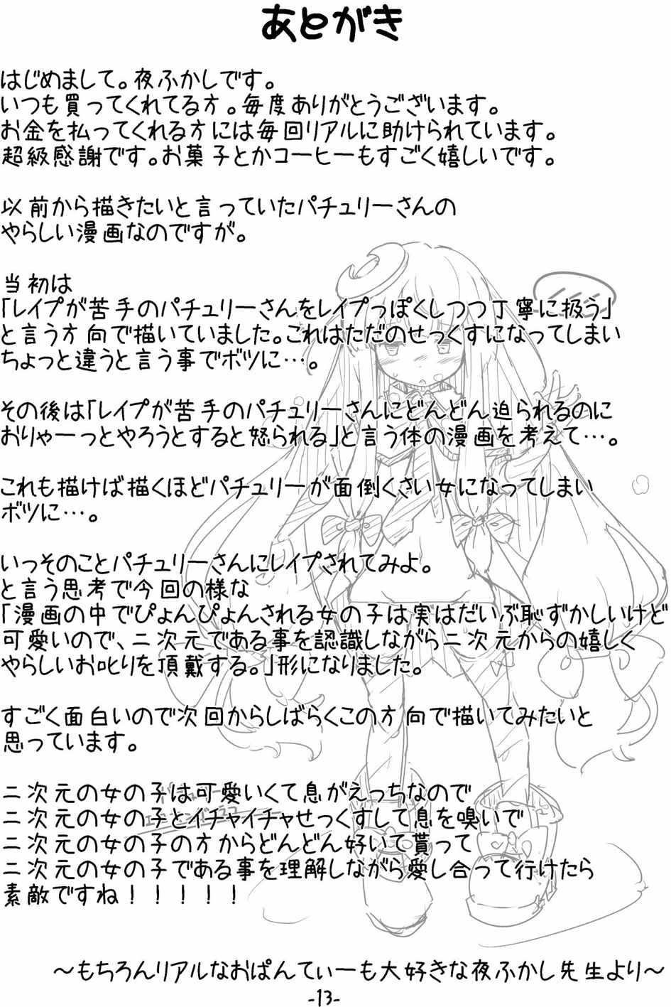(C87) [Happy Drive! (Yofukashi)] Patchouli-san ga Iki o Hahha tte Yatte Boku o Yarashiku Oshikari (Touhou Project) page 12 full
