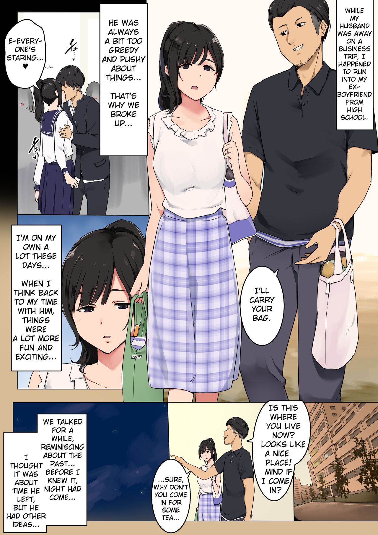 [Wakamatsu] Otto ga Shucchouchuu ni Koukoujidai no Motokare to Atteshimatta Hitozuma no Ohanashi [English] [Erozbischof] page 1 full