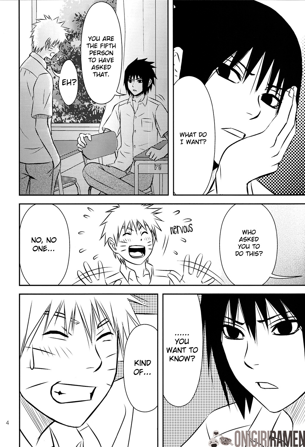 (C80) [@ Harukaze Shunpoo (Shunpoo)] SASUKE ♥ HAPIBA!! (Naruto) [English] [Onigiri Ramen] page 4 full